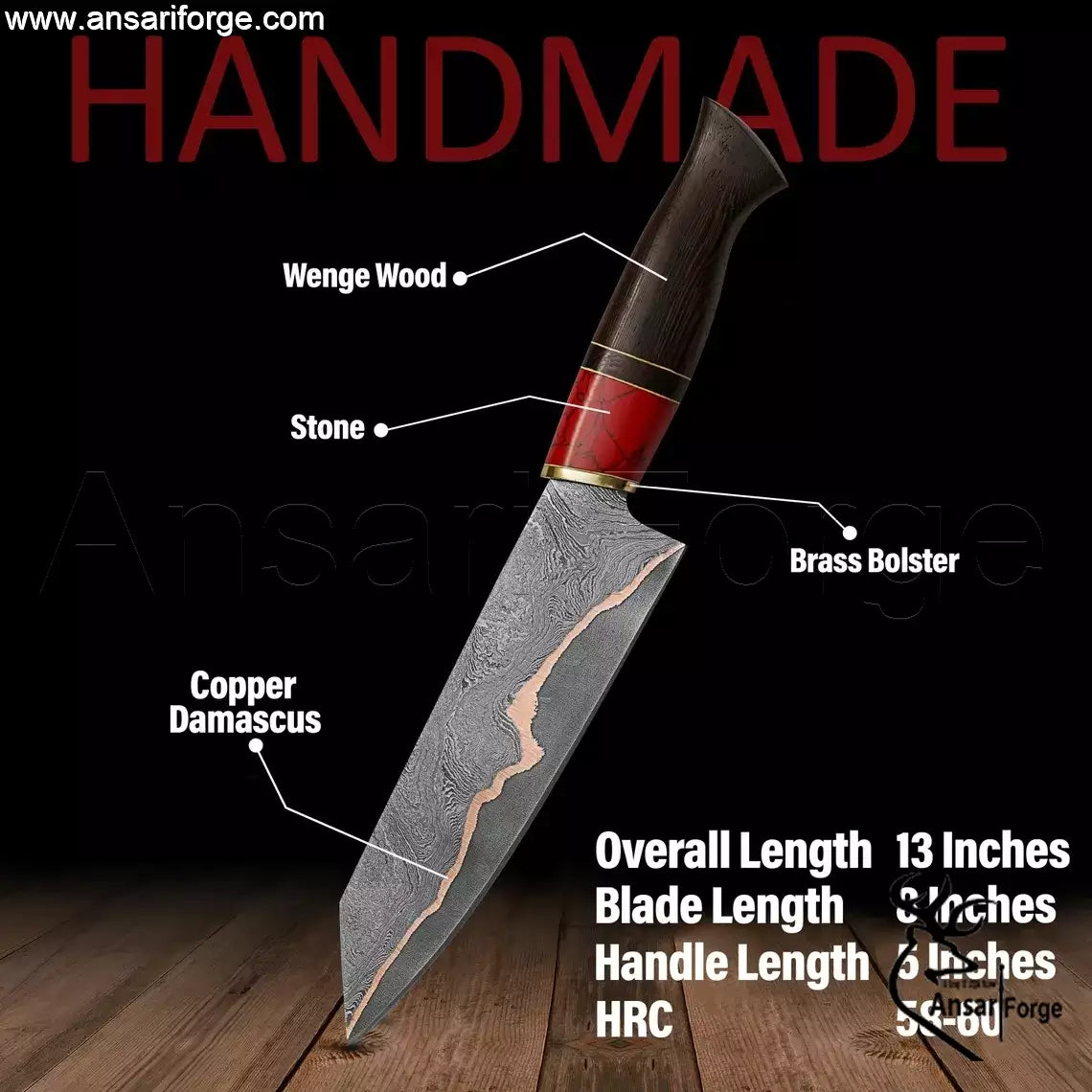 Copper Damascus Steel Chef Knife | 8" Professional Kitchen Blade