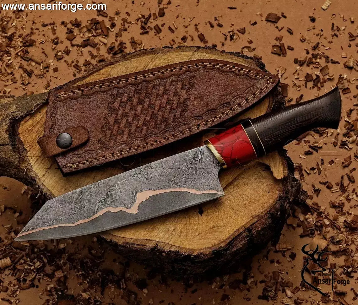 Hand forged Copper Damascus Chef knife with 8 inch blade and Wenge wood handle by Ansari Forge.