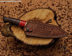 Copper Damascus steel chef knife in genuine cowhide leather sheath.