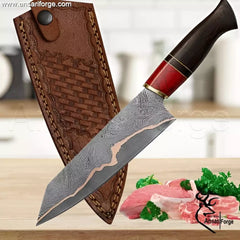 Hand forged Copper Damascus Chef knife with 8 inch blade and Wenge wood handle by Ansari Forge.