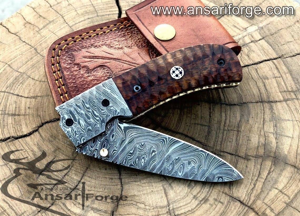 Hand-forged Damascus Steel Pocket Knife - Discover a masterpiece of craftsmanship. Featuring a razor-sharp blade, elegant rosewood handle, and durable construction. Perfect for outdoor adventures or everyday carry.