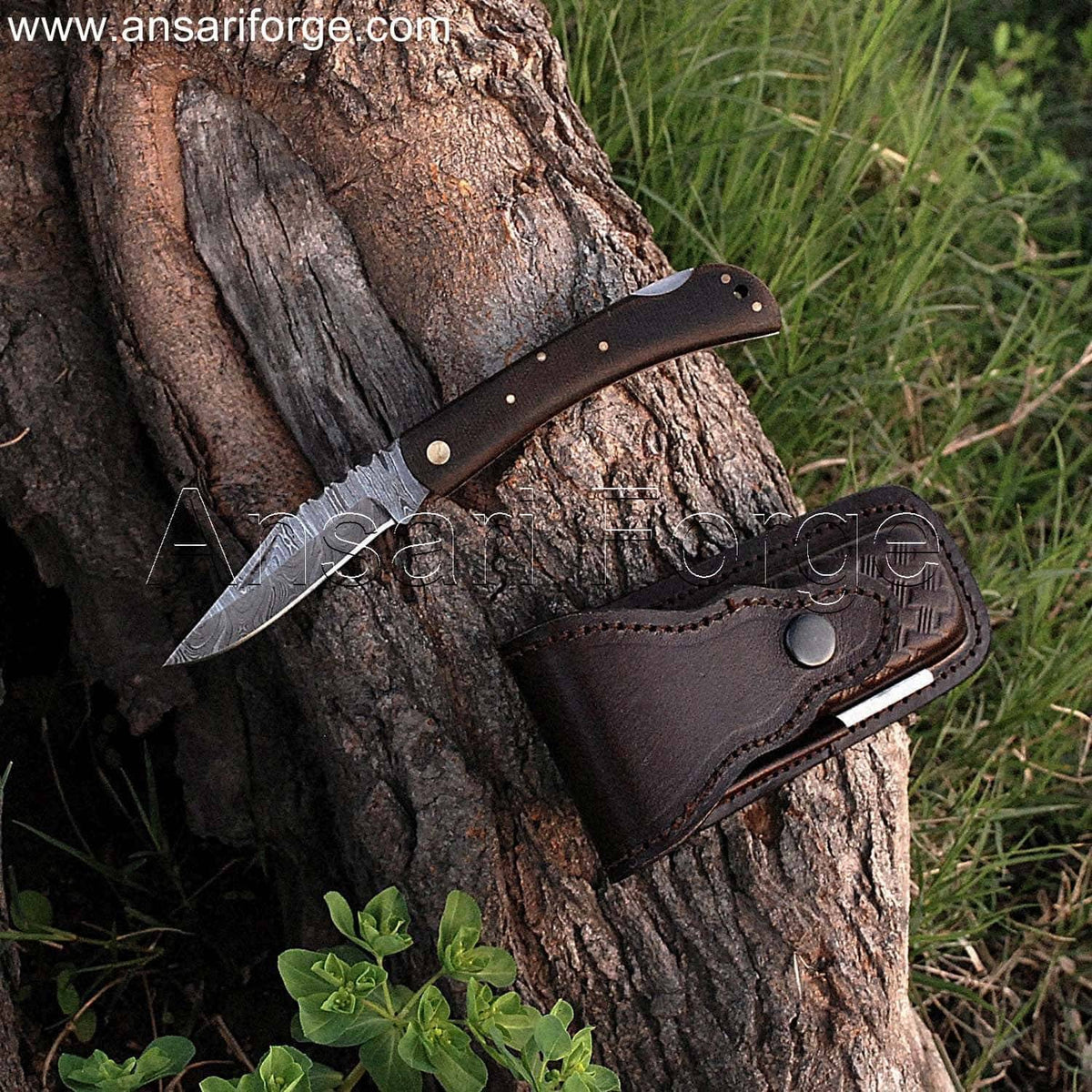 Custom Damascus Pocket Knife with Hand-forged Blade and Leather Sheath