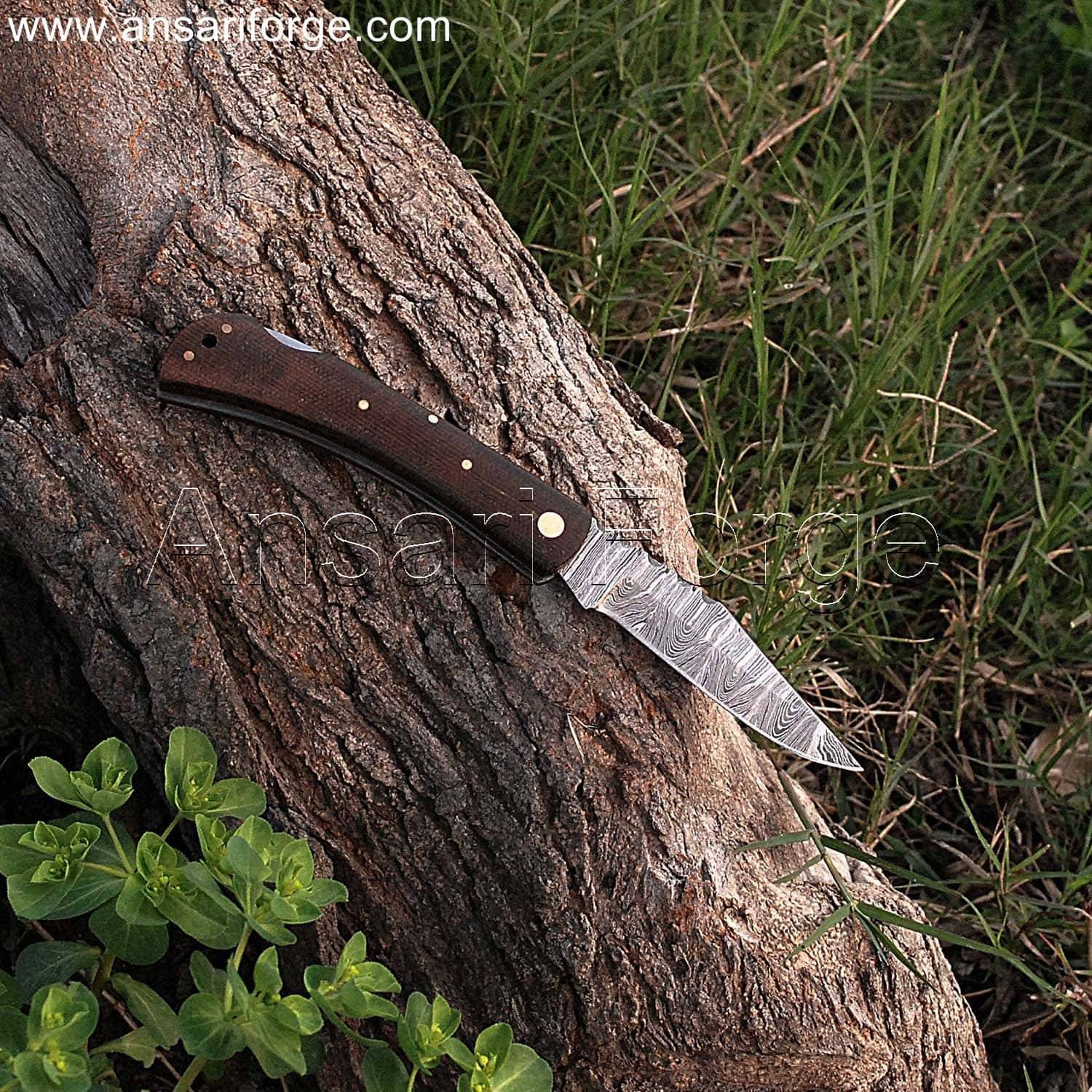 Custom Hand made Damascus Pocket Knife with Hand-forged Blade and Leather Sheath