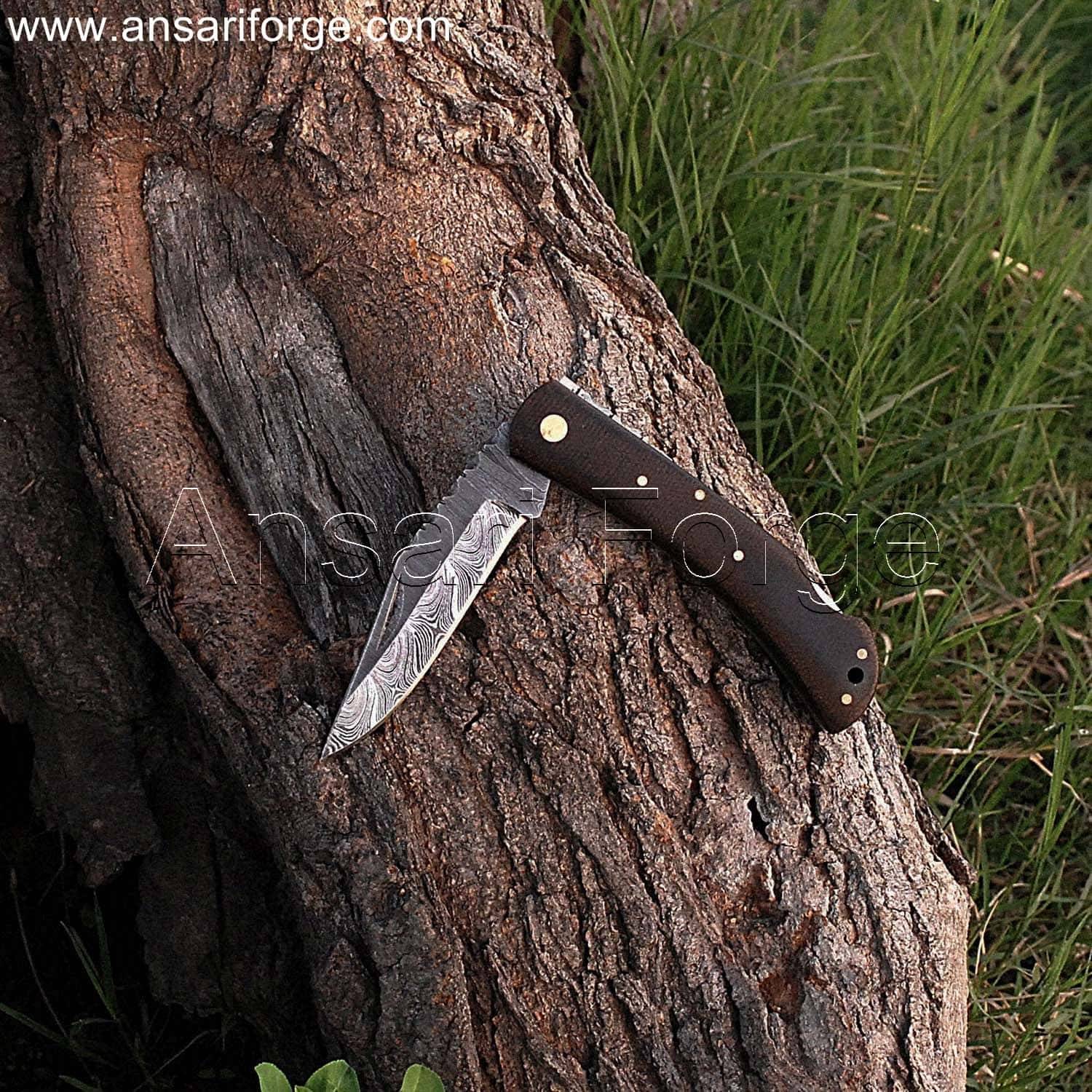 7" Custom Damascus Pocket Knife With Leather Sheath