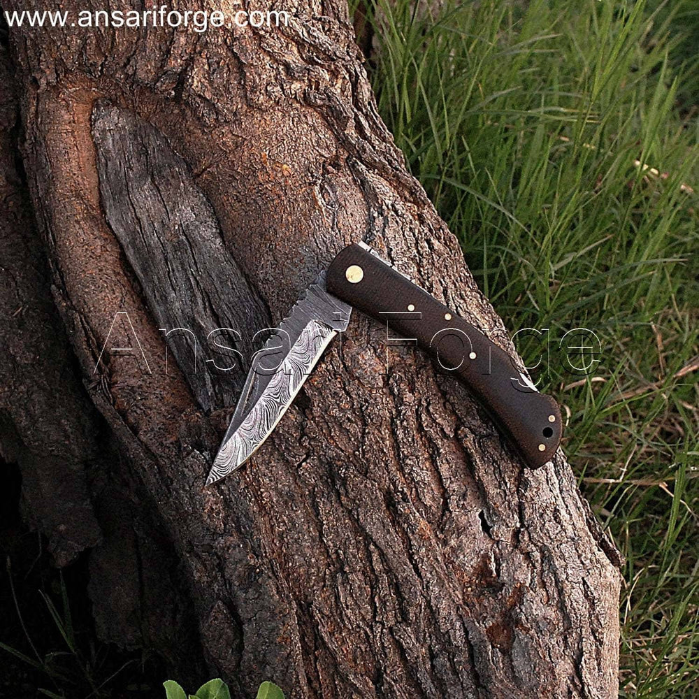 7" Custom Damascus Pocket Knife With Leather Sheath