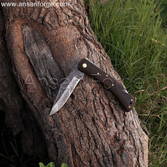 7" Custom Damascus Pocket Knife With Leather Sheath