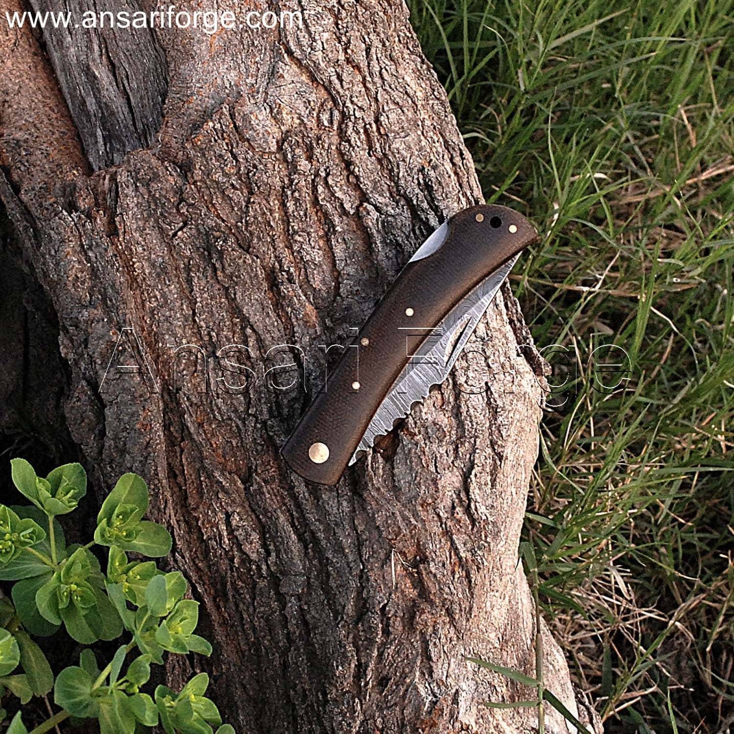 Custom Damascus Pocket Knife with Hand-forged Blade and Leather Sheath