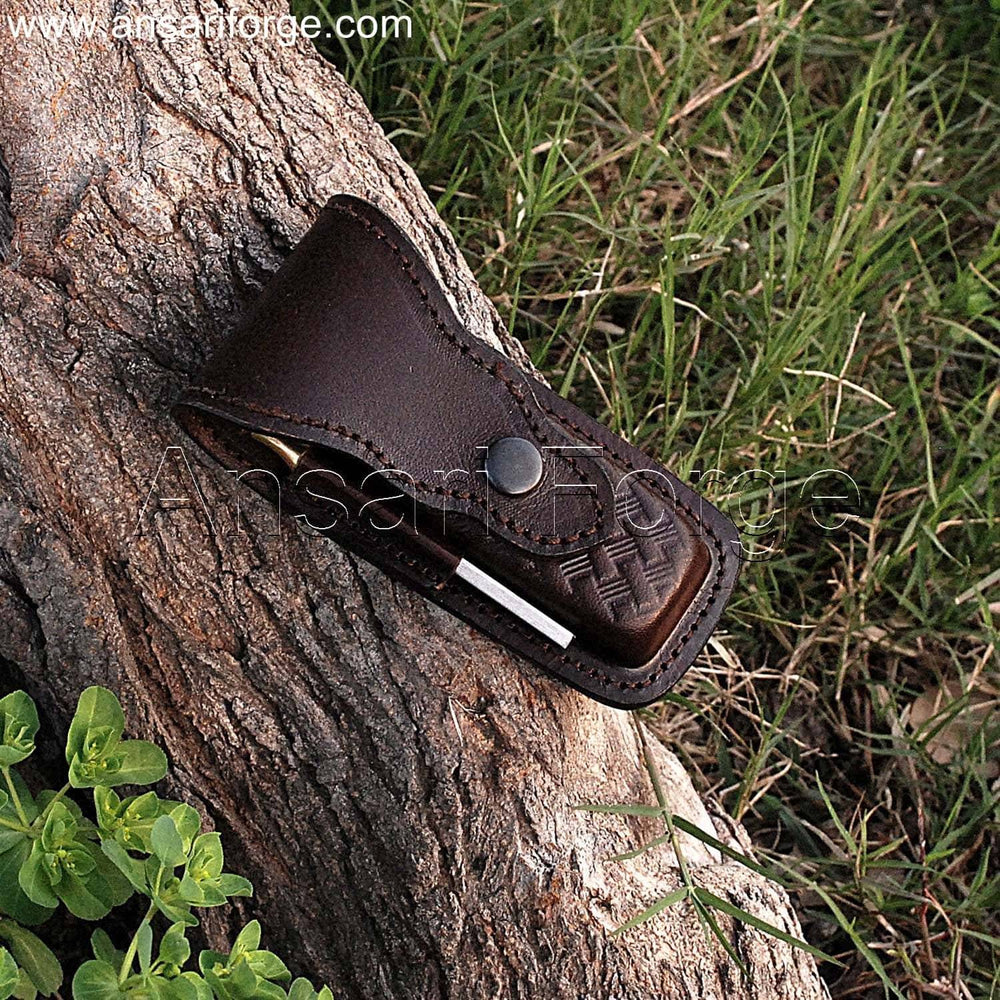 Custom Damascus Pocket Knife with Hand-forged folding Blade and Leather Sheath