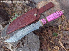 Custom Bowie Knife Damascus Steel Blade And Turquoise Stone Handle With Leather Sheath For Hunting & Camping.