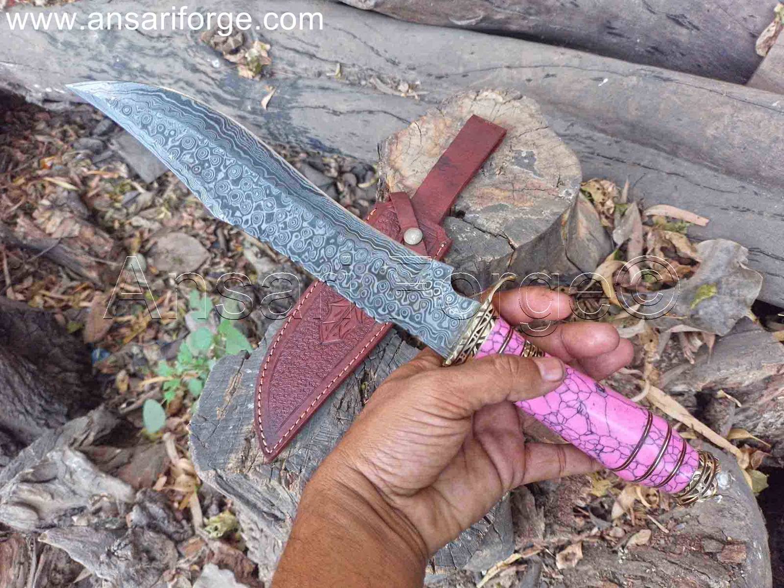 Damascus Steel Blade Custom Bowie Knife, Handmade Rain Drop Pattern, Full Tang, Leather Sheath.