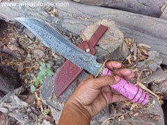 Damascus Steel Blade Custom Bowie Knife, Handmade Rain Drop Pattern, Full Tang, Leather Sheath.