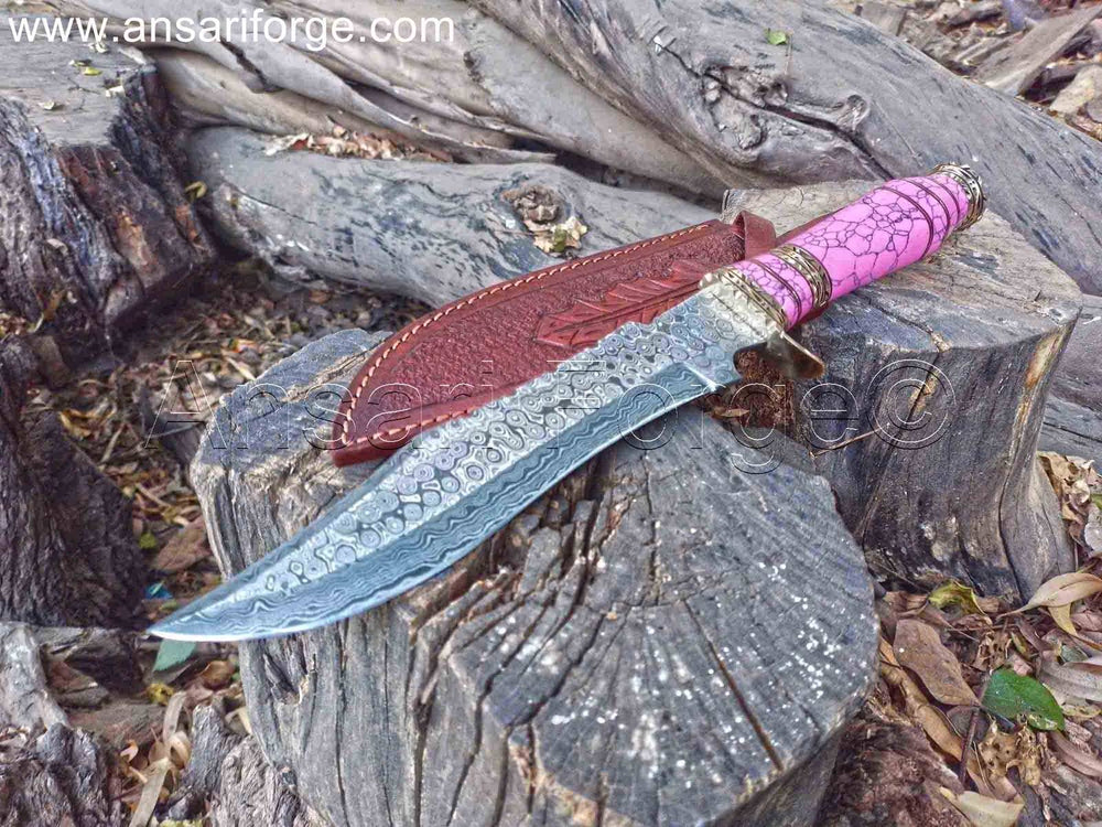 Close-up of Rain Drop Damascus Steel Blade, Hand Forged, 60 HRC Hardness.