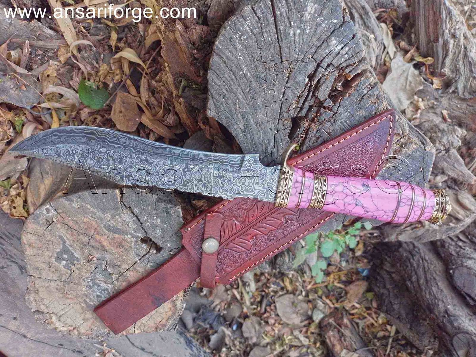 Ergonomic Handle with Pink Turquoise Stone and Intricate Brass Work of custom Bowie Knife by Ansari Forge.