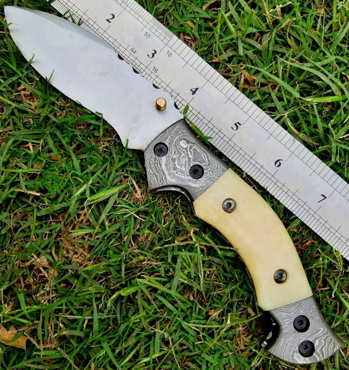 D2 tool steel handmade folding pocket knife with leather sheath