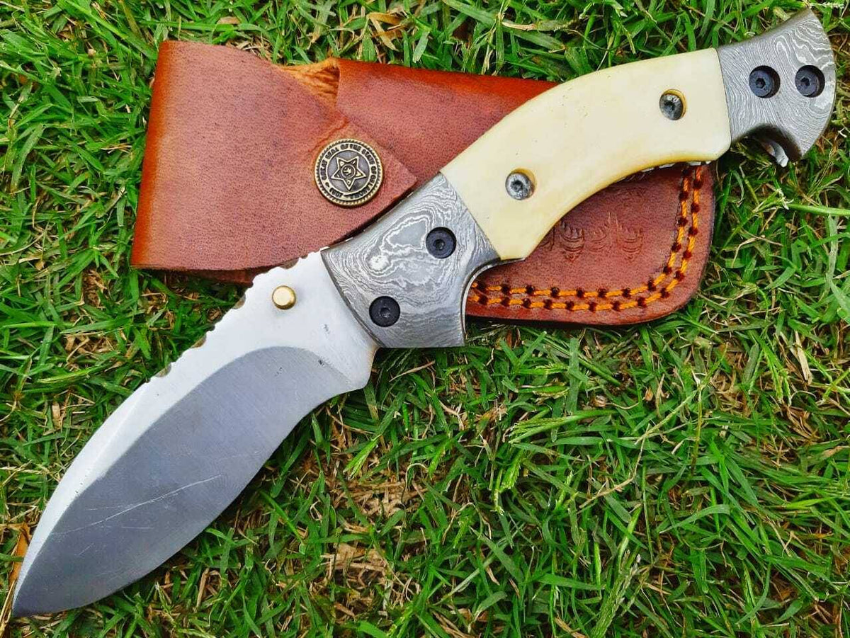 D2 tool steel handmade folding pocket knife with leather sheath