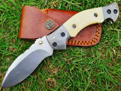D2 tool steel handmade folding pocket knife with leather sheath