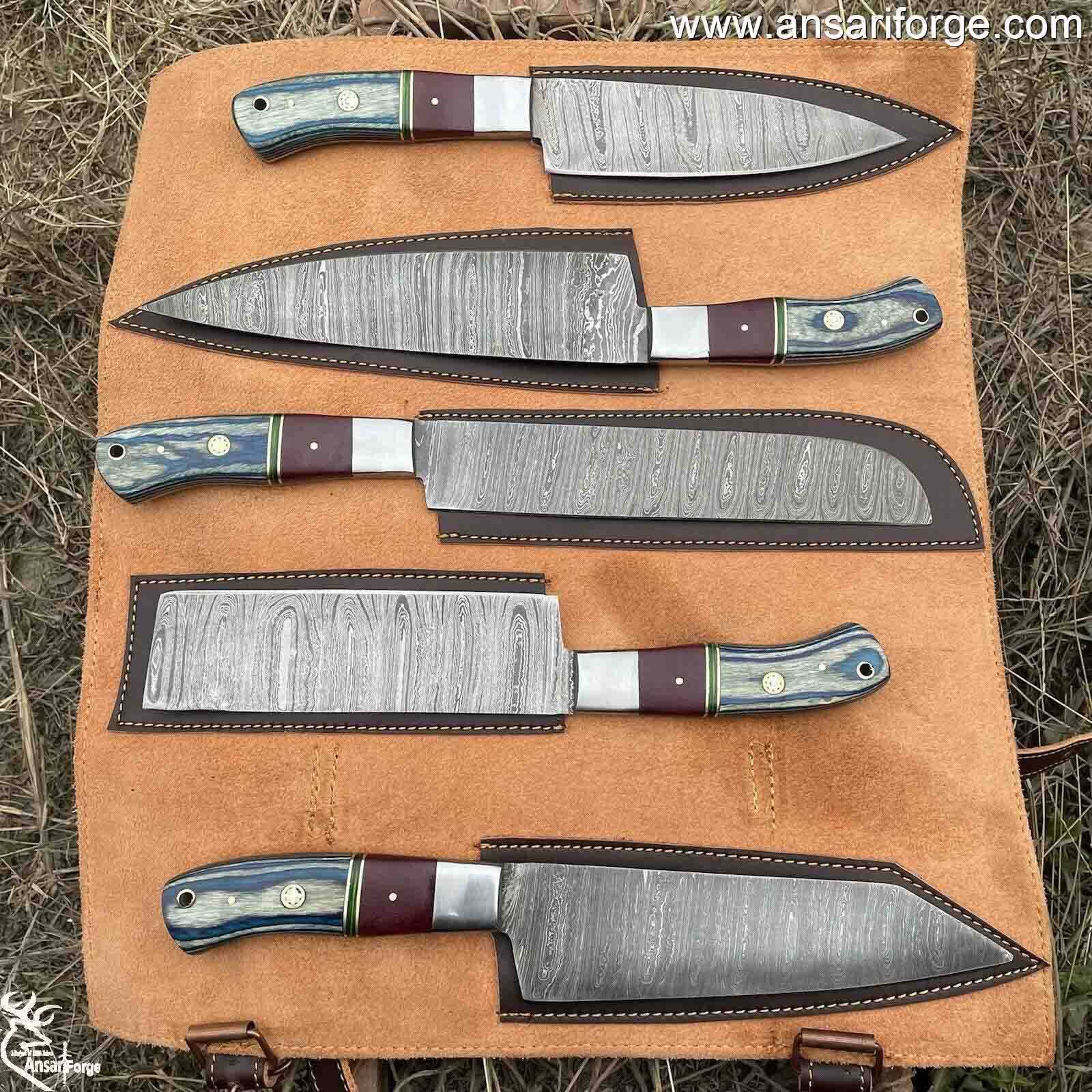 professional chef knives set of 5 hand forged Damascus blades with case
