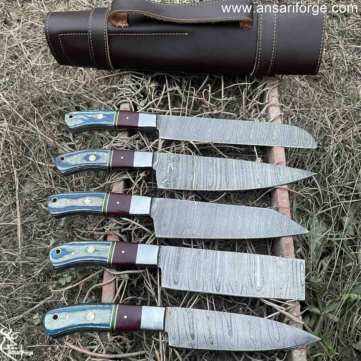 professional chef knives set of 5 hand forged Damascus blades with case