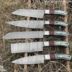 professional chef knives set of 5 hand forged Damascus blades with case