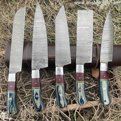 professional chef knives set of 5 hand forged Damascus blades with case