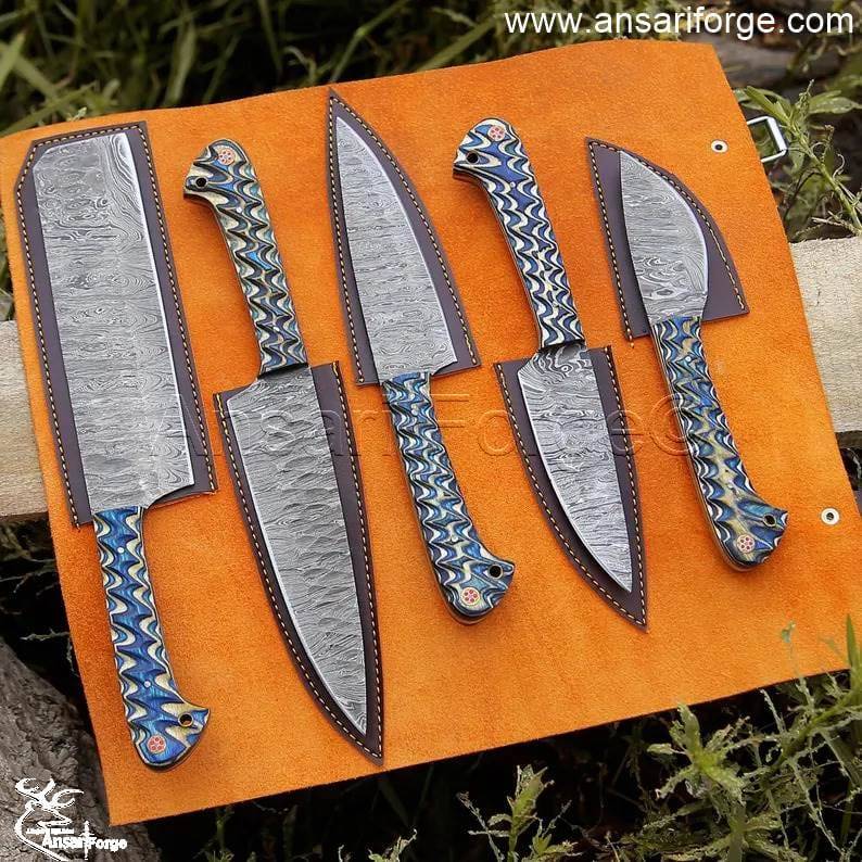 Damascus Steel Kitchen Knife Set with Hand-Forged Blades and Leather Roll Bag.