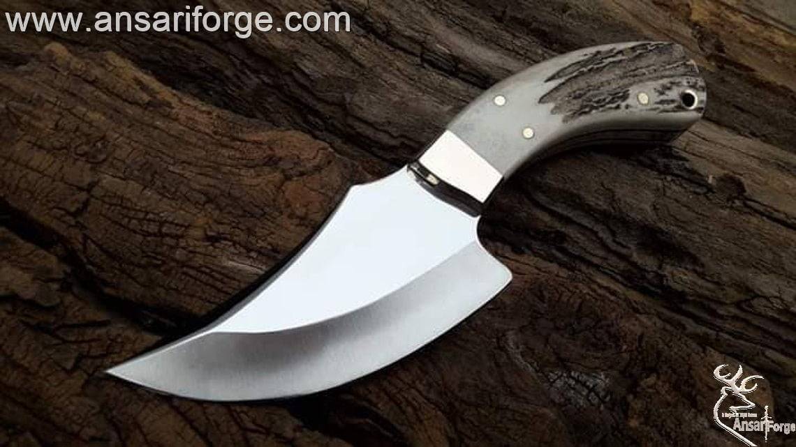 Custom handmade 420 J2 steel Stag handle hunting knife 420J2 tool steel full tang mirror polish blade with 54 HRC hardness . Stag antler handle , Brass bolsters and black fiber liner . Always comes with genuine cowhide leather sheath .