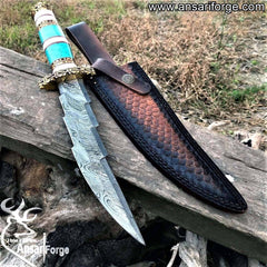 Handmade Damascus Steel 13.00 Inches Bowie Knife - turquoise stone & Bone Handle