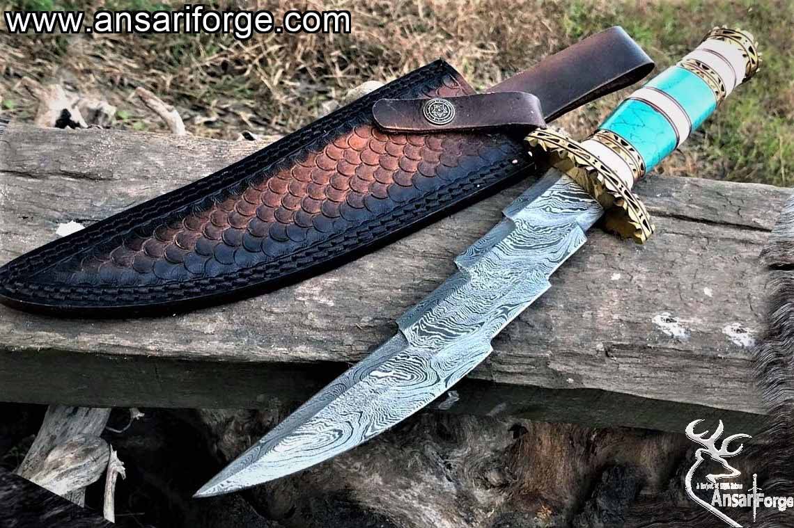 Handmade Damascus Steel 13.00 Inches Bowie Knife - turquoise stone & Bone Handle