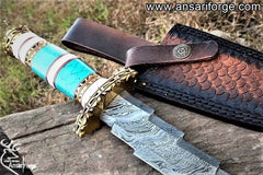 Handmade Damascus Steel 13.00 Inches Bowie Knife - turquoise stone & Bone Handle