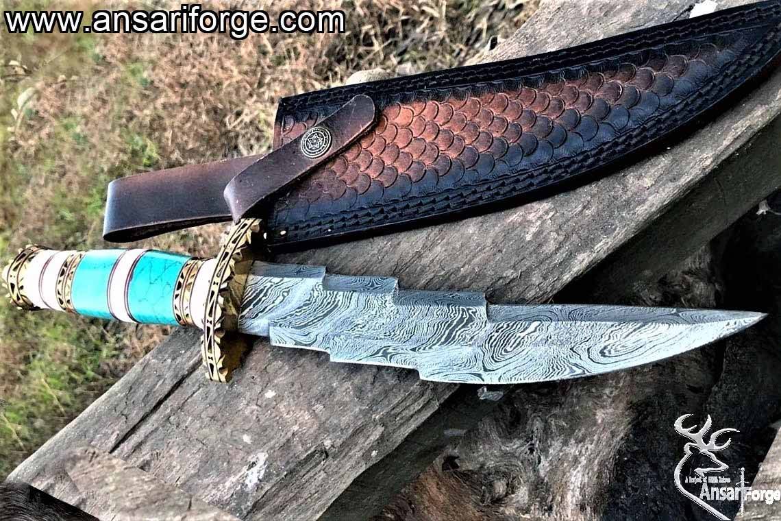 Handmade Damascus Steel 13.00 Inches Bowie Knife - turquoise stone & Bone Handle