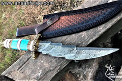 Handmade Damascus Steel 13.00 Inches Bowie Knife - turquoise stone & Bone Handle