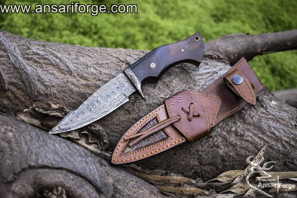 Handmade Damascus Hunting Knife - Hand Forged 1095 & 15n20 Steel Blade with Rosewood Handle and Leather Sheath