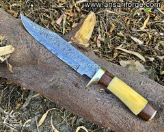 Damascus steel handmade hunting knife Bowie with yellow bone handle & brass finger guard.