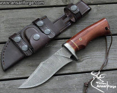 Concealed horizontal carry knife with Damascus steel blade, rosewood handle, and leather sheath.
