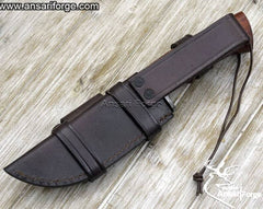 Concealed horizontal carry knife with Damascus steel blade, rosewood handle, and leather sheath.