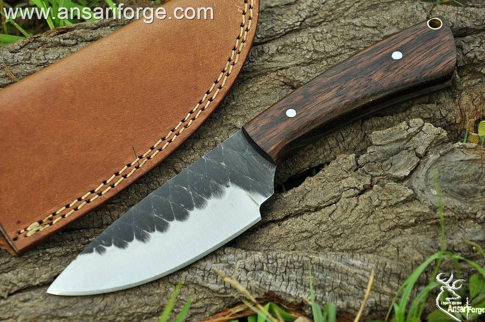 Custom Handmade Forged Hunting Knife, wooden handle & leather sheath.