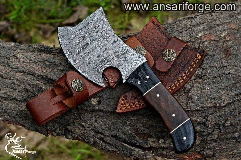 Damascus steel Skinning knife small Chopper with leather sheath.