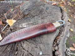 Damascus steel fixed blade hunting knife horn handle and leather sheath