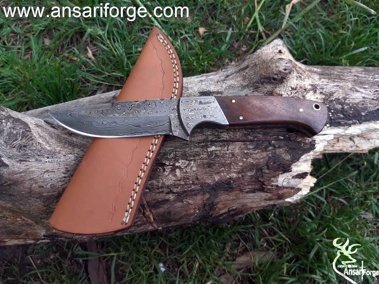 Damascus hunting knife with leather sheath | Ansari Forge