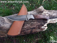 Damascus hunting knife with leather sheath | Ansari Forge