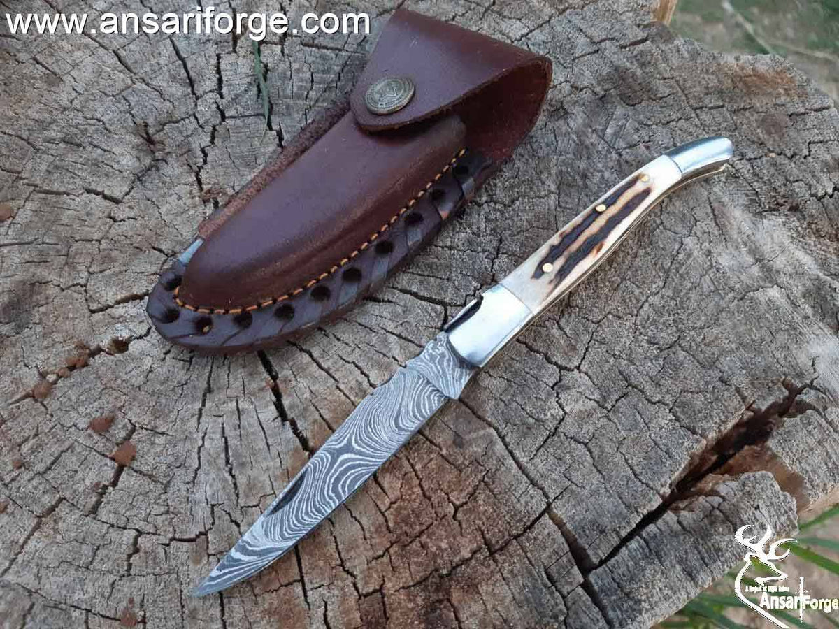 Handmade Damascus steel French Traditional Folding Blade Pocket Knife With Knife Sharpener  Best For Hunting , Camping , EDC & Kitchen Works .
