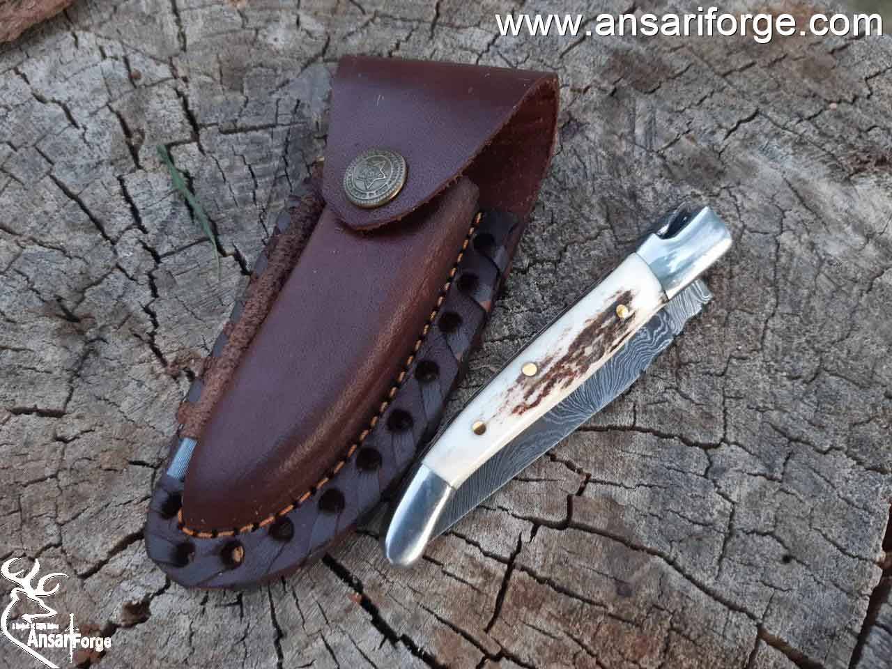 Handmade Damascus steel French Traditional Folding Blade Pocket Knife With Knife Sharpener  Best For Hunting , Camping , EDC & Kitchen Works . Laguiole folding knife with damascus blade - Collector edition 