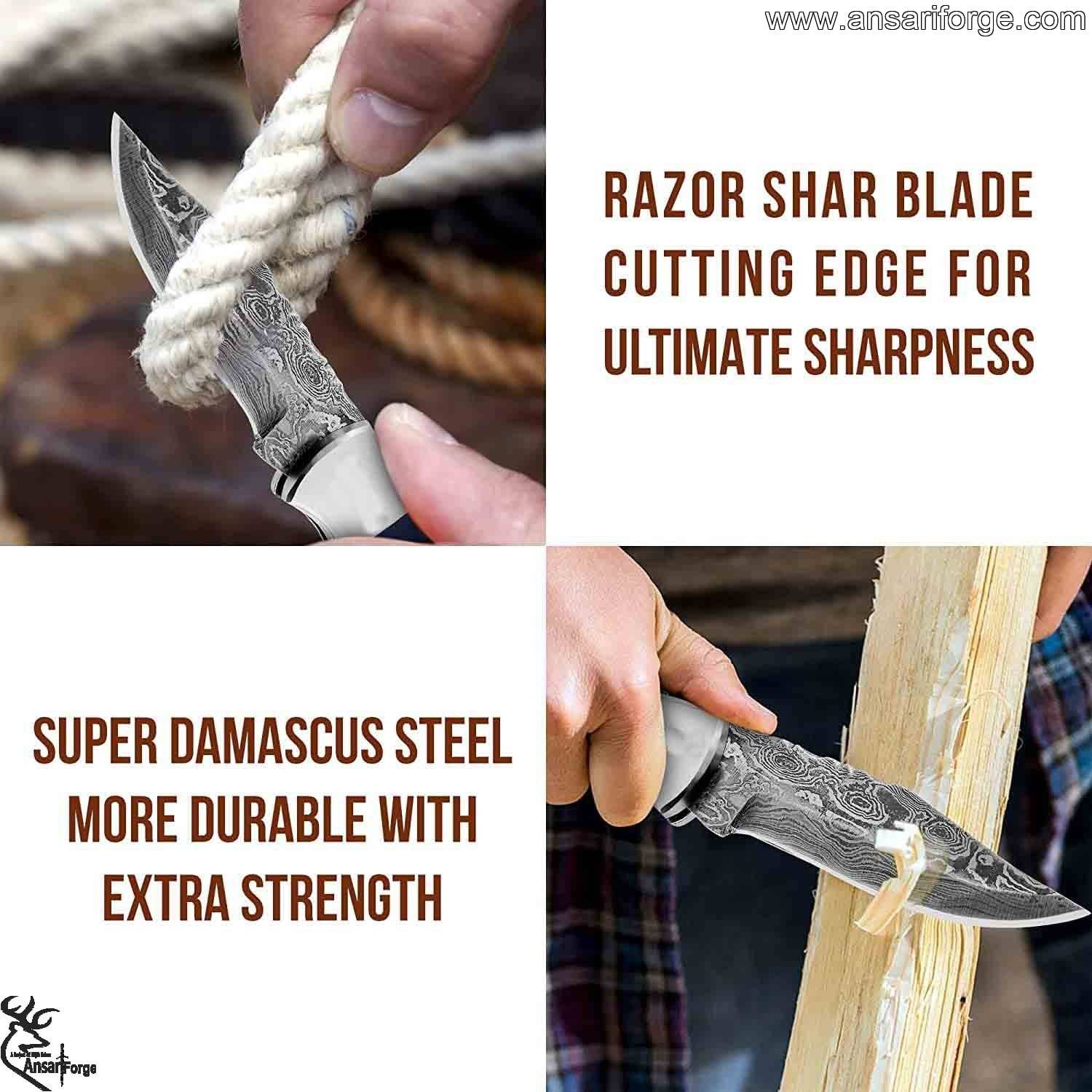 Image shows that Custom Handmade Damascus pocket knife Cutting rope & wood easily.