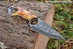 Damascus Steel Fixed Blade EDC Pocket Knife, Handmade Forged Damascus Steel knife with Bone Handle, Hunting knife with Sheath