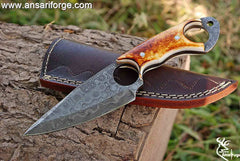 Damascus Steel Fixed Blade EDC Pocket Knife, Handmade Forged Damascus Steel knife with Bone Handle, Hunting knife with Sheath .