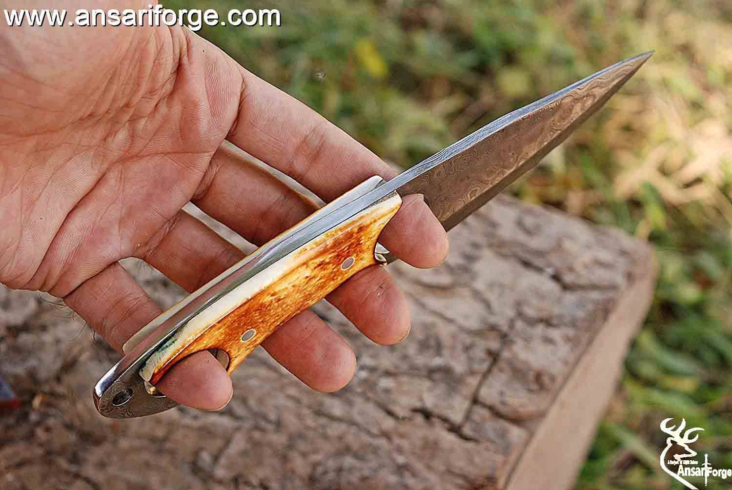 Damascus Steel Fixed Blade EDC Pocket Knife, Handmade Forged Damascus Steel knife with Bone Handle, Hunting knife with Sheath