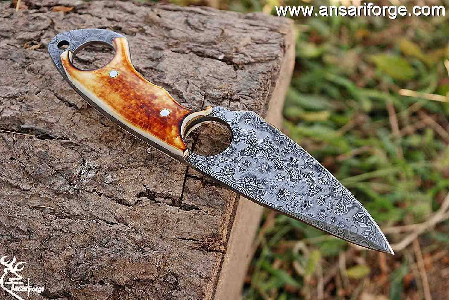 Damascus Steel Fixed Blade EDC Pocket Knife, Handmade Forged Damascus Steel knife with Bone Handle, Hunting knife with Sheath