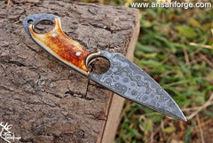 Damascus Steel Fixed Blade EDC Pocket Knife, Handmade Forged Damascus Steel knife with Bone Handle, Hunting knife with Sheath