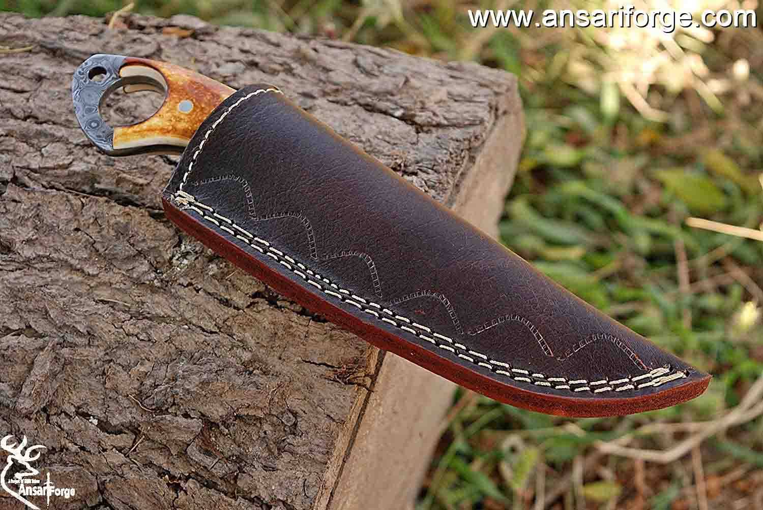 Damascus Steel Fixed Blade EDC Pocket Knife, Handmade Forged Damascus Steel knife with Bone Handle, Hunting knife with Sheath