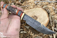 Custom made Damascus Steel Gut Hook Hunting Knife Stag Hand And Leather Sheath